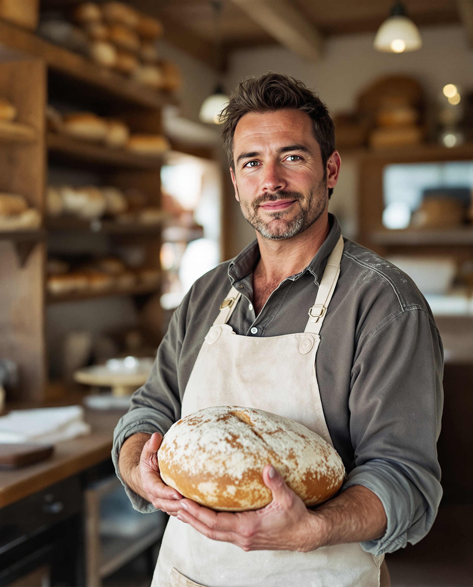 Founder Michael Paine holding a fresh loaf of bread in the bakery