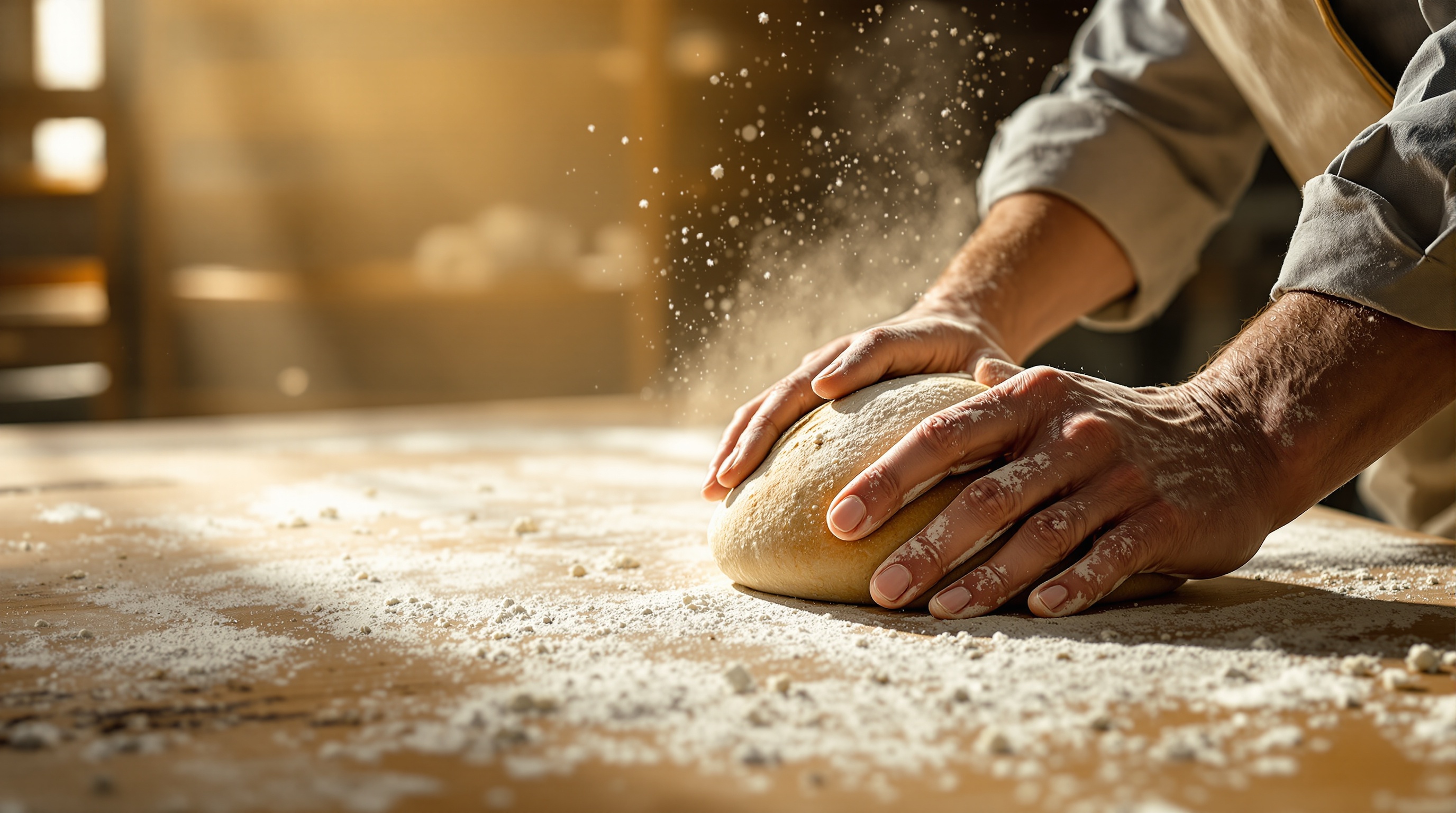 Baker's hands shaping fresh bread dough on a floured surface